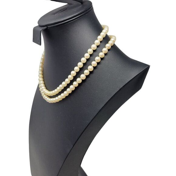 Vintage Glass Faux Pearl Double Strand Princess Necklace Gold Rhinestone Flower - Picture 10 of 11